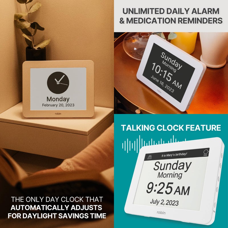 Robin Clock 2025 with Day and Date for Elderly, Clocks for Seniors, Dementia Clock, Digital Calendar Elderly, Bedside Clocks Seniors, Alzheimers Products, Dementia Clocks Extra Large, White - Image 2
